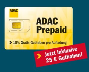 Ideal für den Urlaub! ADAC Prepaid-Karte jetzt mit satten 25,- Euro Startguthaben für nur 9,90 Euro sichern!