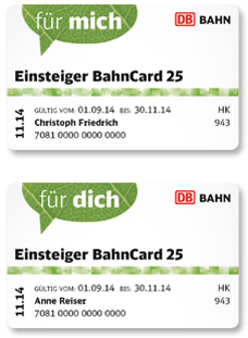 2 Bahncards für Preis von 1! Eine 3-Monats-Einsteiger Bahncard 25 für 19,- Euro kaufen und die zweite Bahncard gratis erhalten