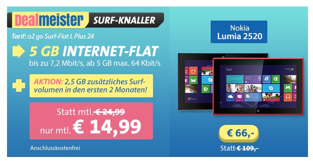 O2 5GB Internetflat inkl. Nokia Lumia 2520 in Schwarz oder in Rot (Preisvergleich 468,-) für 44,- Euro für 14,99 Euro monatlich