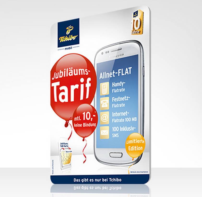 Ohne Vertragsbindung! Tchibo Jubiläums-Tarif mit Allnet-Flat für monatlich nur 10,- Euro (Alternativ mit Samsung Galaxy S3 Mini für einmalig nur 110,- Euro)