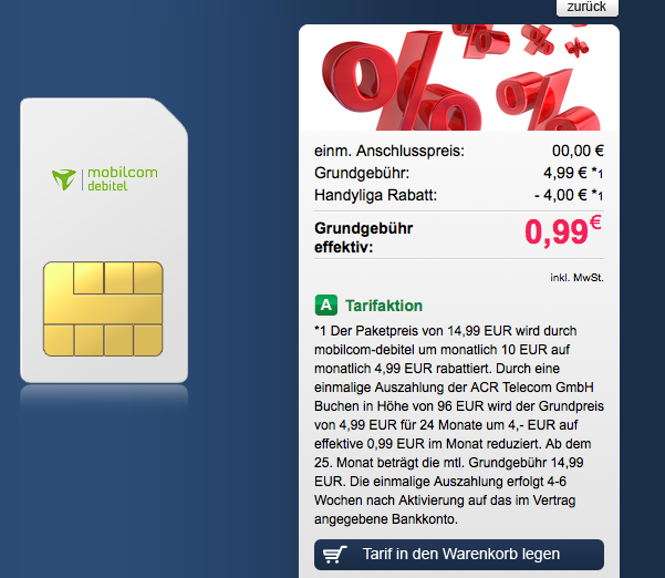 Mobilcom o2 Flat M Internet Aktion für effektiv nur 0,99 Euro im Monat bei Handyliga!
