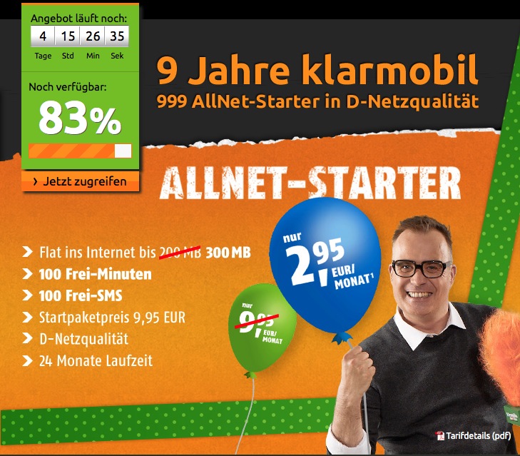 Nur noch 1%! Klarmobil AllNet Starter im D-Netz mit Internet-Flat + 100 Min + 100 Frei SMS nur 2,95 Euro monatlich – statt normal 9,95 Euro