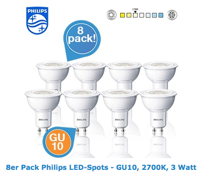 8er Pack Philips LED-Spots – GU10, 2700K, 3 Watt für zusammen nur 35,90 Euro inkl. Versand!