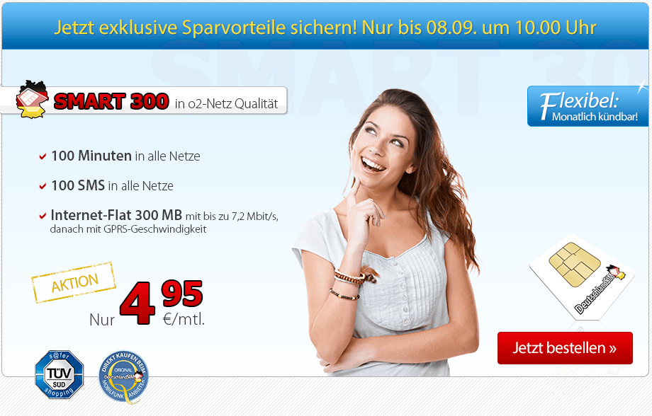 DeutschlandSIM Smart 300 Tarif (100 Minuten, 100 SMS, 300MB) für nur 4,95 Euro/Monat – monatlich kündbar!