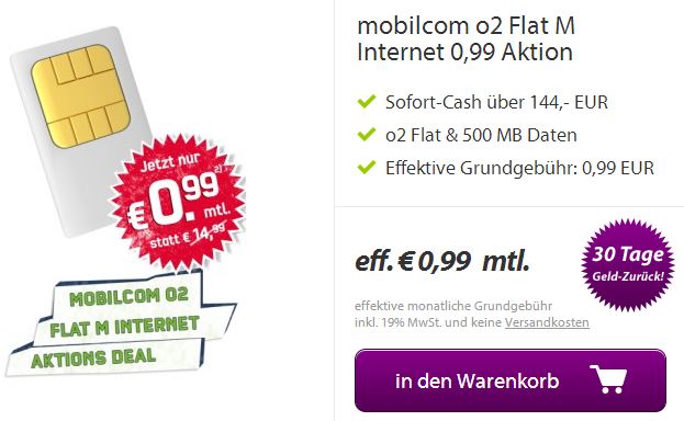 mobilcom o2 Flat M Internet Aktion für effektiv nur 0,99 Euro im Monat
