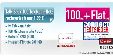 Bis zum 15.09.2014: Talkline Talk Easy im Telekom Netz mit mtl. 100 Minuten + 3000 SMS + Internet-Flat nur 1,98 Euro!