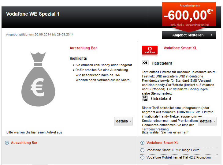 Ausverkauft! Vodafone Smart XL Tarif (Allnet-Flat mit 2,25GB) für junge Leute effektiv nur 11,49 Euro/Monat, Normalos nur 14,99 Euro/Monat