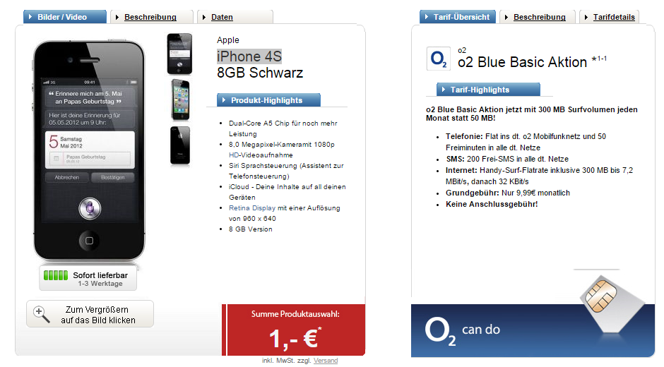 Es gibt wieder den o2 Blue Basic Aktionstarif mit dem iPhone 4S für nur 9,99 Euro pro Monat und 1,- Euro Zuzahlung