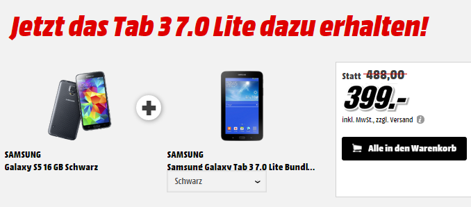 SAMSUNG Galaxy S5 16 GB Schwarz inkl. Tab 3 7.0 Lite für zusammen nur 399,- Euro inkl. Versand