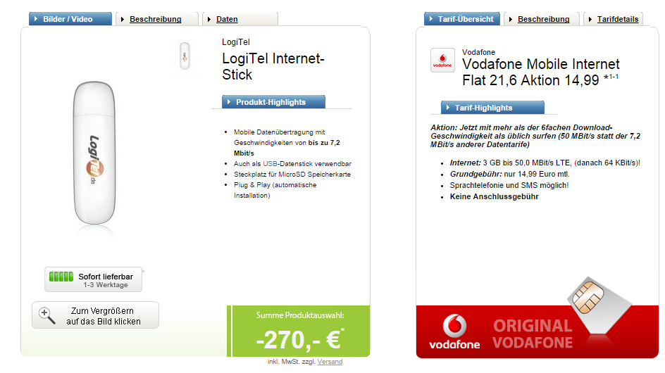 Vodafone Mobile Internet Flat 21,6 mit 3GB (bis zu 50Mbit/s) für effektiv nur 3,74 Euro pro Monat