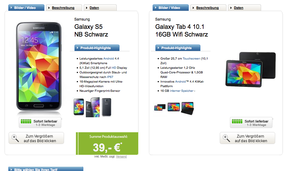Für junge Leute: Vodafone Smart XL Tarif + Samsung Galaxy S5 + Samsung Galaxy Tab 4 10.1 für nur 33,99 Euro im Monat!