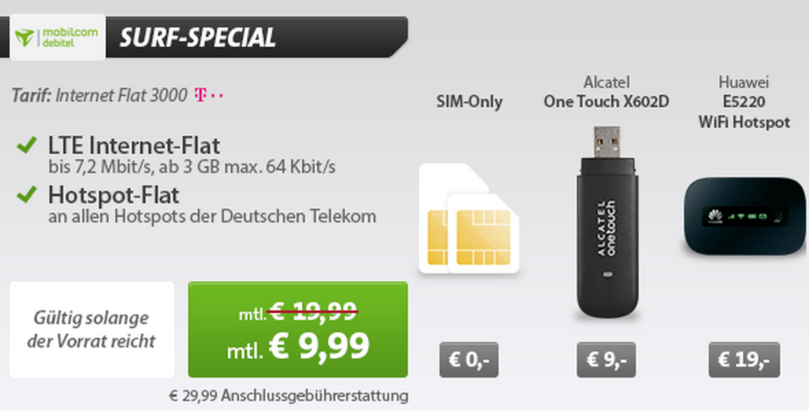 Telekom Internet Flat 3000 mit 3GB Datevolumen für nur 9,99 Euro im Monat