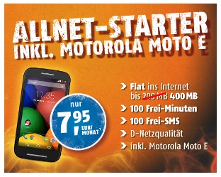 Tarif AllNet-Starter inkl. Motorola Moto E (Wert 100,-) mit 100 Minuten und 100 SMS + 400 MB Datenflat im D-Netz nur 7,95 Euro pro Monat
