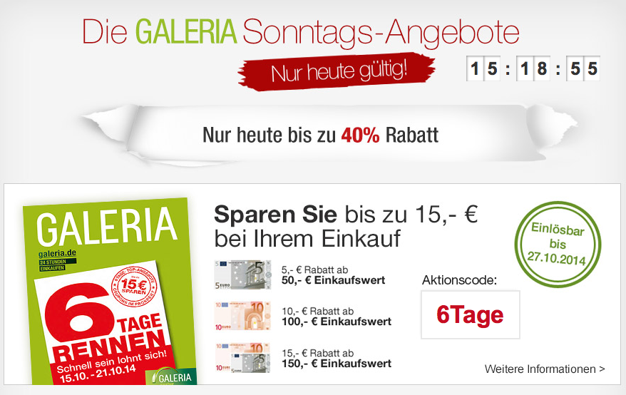 Knaller! Galeria Kaufhof Sonntags Angebote: Heute zusätzlich mit bis zu 15,- Euro Rabatt durch Gutscheincode!