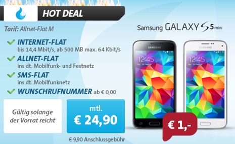 All-Net Flat (Telefonie, SMS, Internet, Wunschrufnummer) im D-Netz für 24,90 Euro – dazu für 1,- Euro das Samsung Galaxy S5 Mini