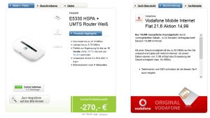 Wieder da! Vodafone Mobile Internet 3GB Flat 21,6 Aktion mit UMTS-Router für 14,99 Euro monatlich + 270,- Euro Erstattung aufs Girokonto bei Logitel!