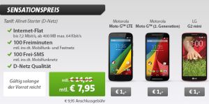 Super! Klarmobil Allnet Starter Tarif für 7,95 Euro im Monat mit Motorola Moto G 2 oder LG G2 mini für je nur 1,- Euro