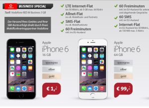 Für Geschäftskunden und Selbständige: Fetter Vodafone Red M Business Tarif mit 3GB Datenflat, Allnet-Flat,SMS Flat und iPhone 6 16GB für effektiv nur 45,55 Euro/Monat!