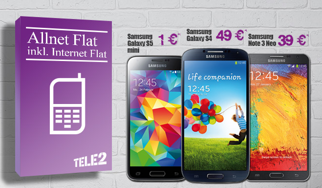 Tele2 Deal! Allnet-Flat + 500MB Datenflat inkl. Samsung Galaxy S5 Mini für nur 14,95 Euro monatlich!