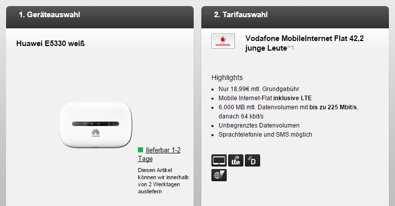 Vodafone MobileInternet Flat 42,2 SIM mit Auszahlung und Huawei E5330 effektiv 4,74 Euro im Monat