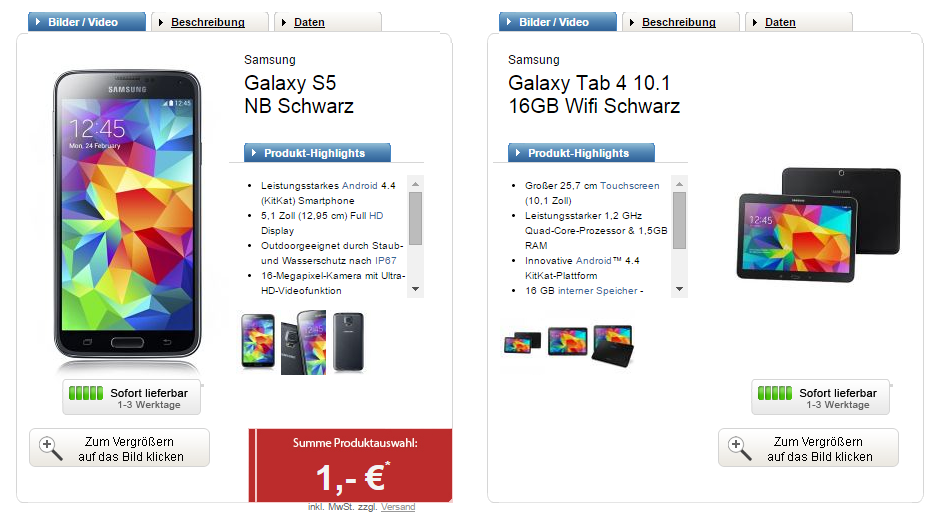 Galaxy S5 + Galaxy Tab 4 10.1 16GB Wifi mit E-Plus BASE all-in mit SMS-Flat und 1GB für 30,- Euro pro Monat – ADAC Mitglieder 27,- Euro pro Monat