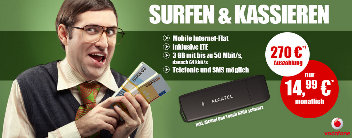 Vodafone Mobile Internet Flat 21,6 mit 3GB (bis zu 50Mbit/s) inkl. gratis Stick für 3,74 Euro pro Monat