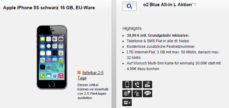 o2 Blue L mit 3GB LTE Daten und Apple iPhone 5S schwarz 16 GB für nur 39,99 Euro im Monat und 1,- Euro Zuzahlung