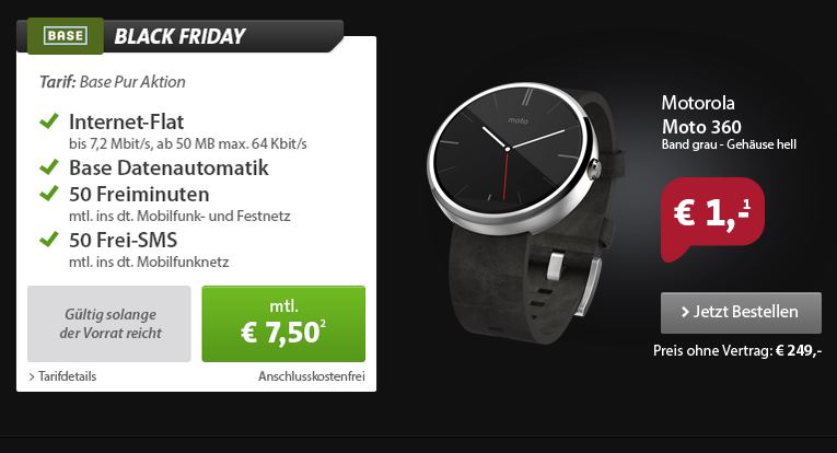 Wieder da! Base Pur Aktionstarif mit Motorola Moto 360 Smartwach für nur 7,50 Euro im Monat