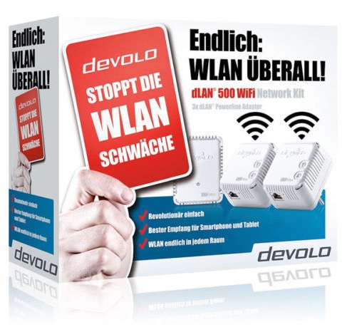 Tipp! Devolo dLAN 500 MBit 3er Set WiFi Network Kit Powerline nur 99,- Euro inkl. Versand (Vergleich 139,-)