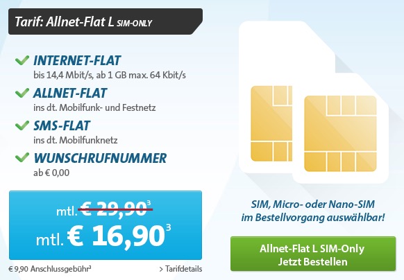 Allnet-Flat im Telekom-Netz ins Festnetz und Mobilfunknetz, inkl. SMS- und Internetflat (1GB Highspeed) und Wunschnummer für nur 16,90 Euro
