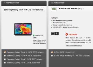 Nur 100x! E-Plus Mein BASE Internet 11 Tarif mit Samsung Galaxy Tab 4 10.1 LTE T535 schwarz bei Handyflash für nur 11,- Euro im Monat