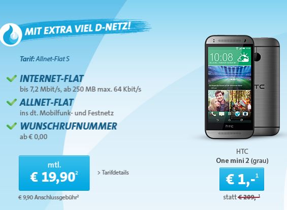 D-Netz Allnet-Flat S mit Htc One mini 2 in verschiedenen Farben für nur 19,90 Euro im Monat