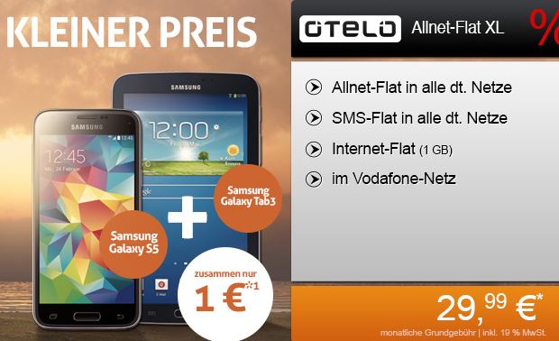 otelo Allnet-Flat XL Tarif mit Samsung Galaxy S5 und Samsung Galaxy Tab 3 7.0 Lite für nur 29,99 Euro im Monat