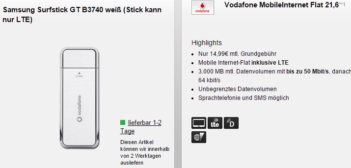 Vodafone MobileInternet Flat 21,6 mit Auszahlung schon für effektiv 3,74 Euro im Monat + gratis Surfstick