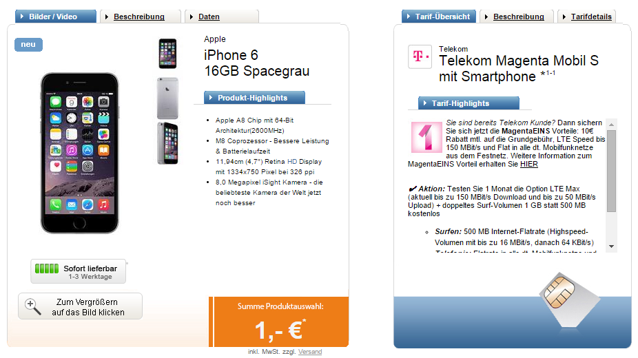 Telekom Magenta Mobil S mit Apple iPhone 6 16GB in verschiedenen Farben für monatlich 39,95 Euro und 1,- Euro Zuzahlung