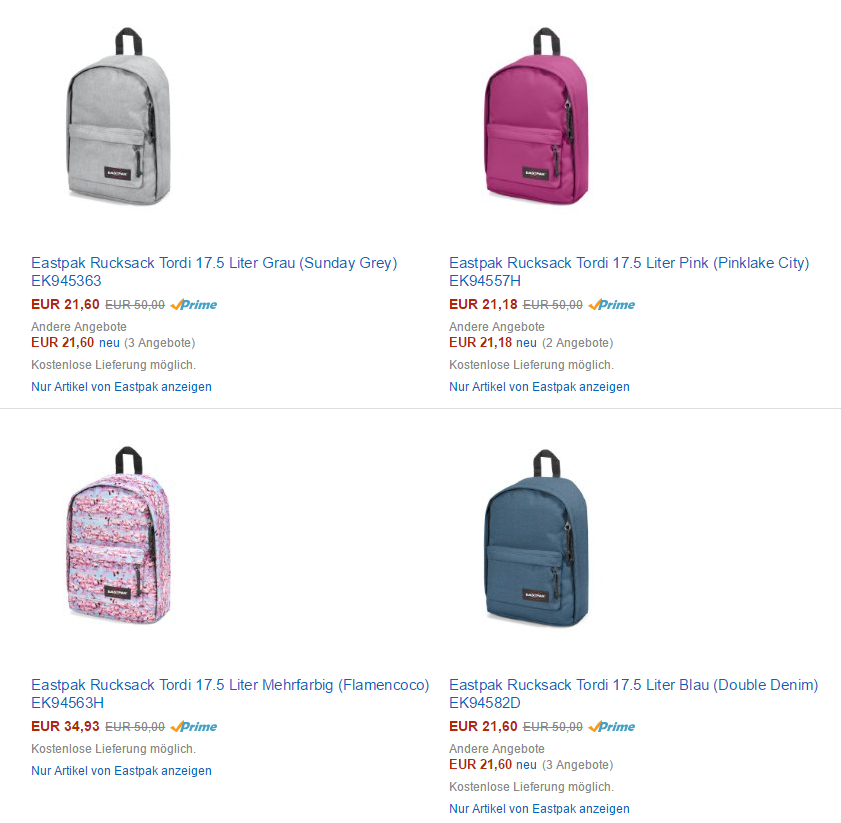 Eastpak Rucksack Tordi 17.5 Liter in verschiedenen Farben ab 21,18 Euro