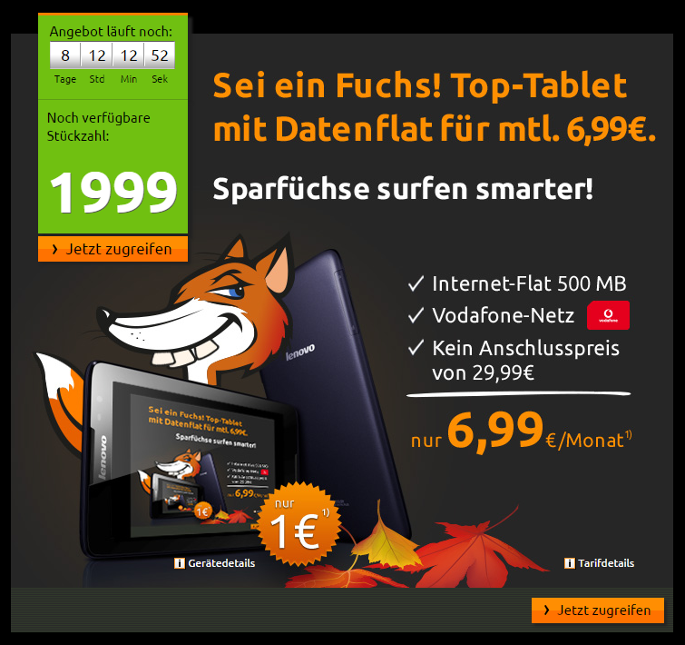 Crash-Tarife! 500MB Vodafone Datenflat inkl. Lenovo Tablet PC für nur 6,99 Euro im Monat und 1,- Euro Zuzahlung