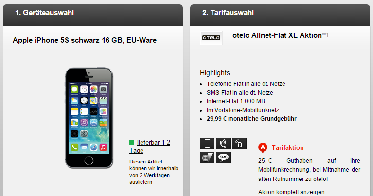 Top! Apple iPhone 5S schwarz 16 GB + Otelo Allnet-Flat XL Aktionstarif für nur 29,99 Euro monatlich und einmalig 1,- Euro!