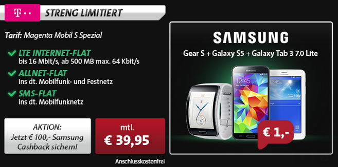 Samsung Bundle mit Galaxy S5, Galaxy Tab + Samsung Gear S im Telekom Magenta Mobil S Tarif für nur 39,95 Euro/Monat