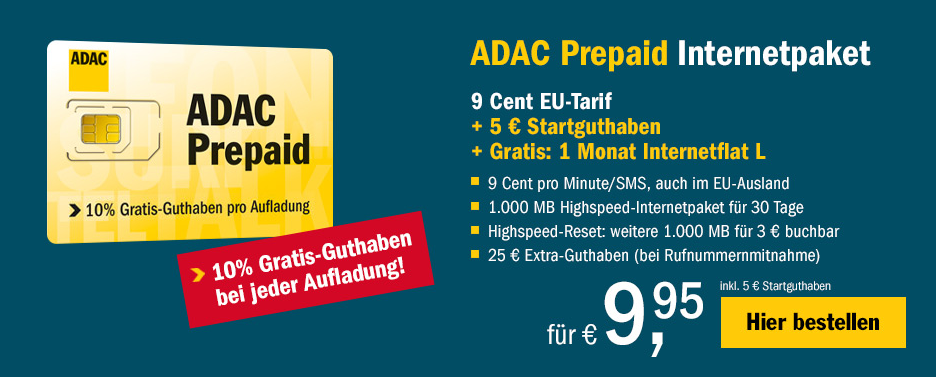 Ideal für den Urlaub! ADAC Prepaid-Karte jetzt mit 30,- Euro Startguthaben und 1 Monat Internetflat L für nur 9,95 Euro sichern!