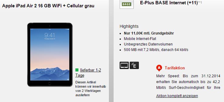 E-Plus Mein BASE Internet 11 Tarif mit verschiedenen Tablets (Zuzahlung abhängig vom Modell) bei Handyflash für nur 11,- Euro im Monat