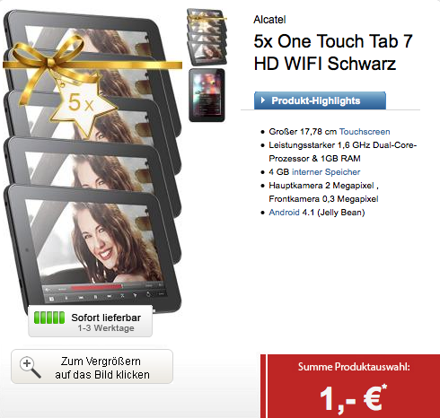 Mobilcom-Debitel SMART Surf Tarif + 5x One Touch Tab 7 HD WIFI für nur 9,99 Euro monatlich!