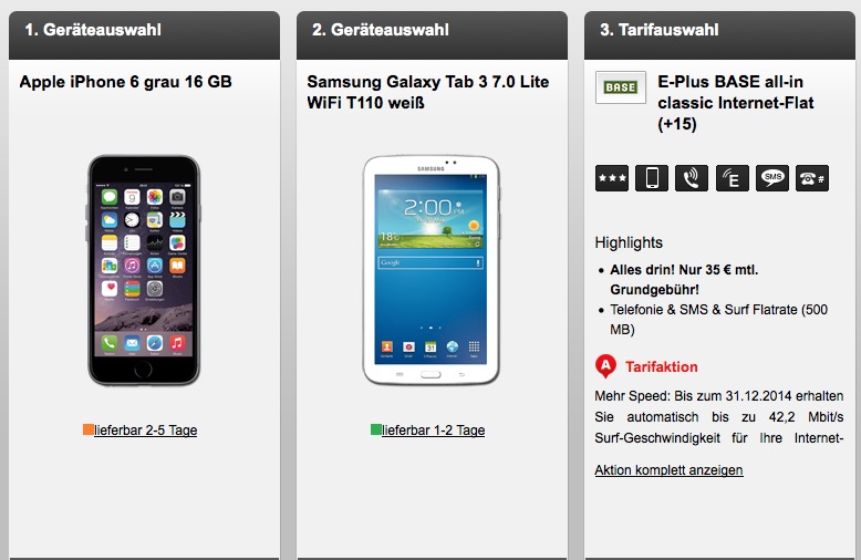 Nur bis 13 Uhr! Allnet-Tarif BASE all-in für 35,- Euro monatlich und das Apple iPhone 6 mit Galaxy Tab 3 für nur 1,- Euro dazu