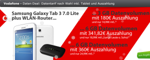 Vodafone Mobile Internetflat mit 3, 6 oder 15GB Datenvolumen inkl. Galaxy Tab und UMTS-Router mit hoher Auszahlung!