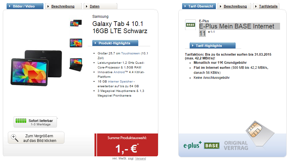 E-Plus Mein BASE Internet 11 Tarif mit Samsung Galaxy Tab 4 10.1 LTE schwarz bei Logitel für nur 11,- Euro im Monat