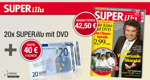 20 Ausgaben der Zeitschrift SUPERillu mit DVD für effektiv nur 2,50 Euro – durch 40,- Euro Verrechnungsscheck