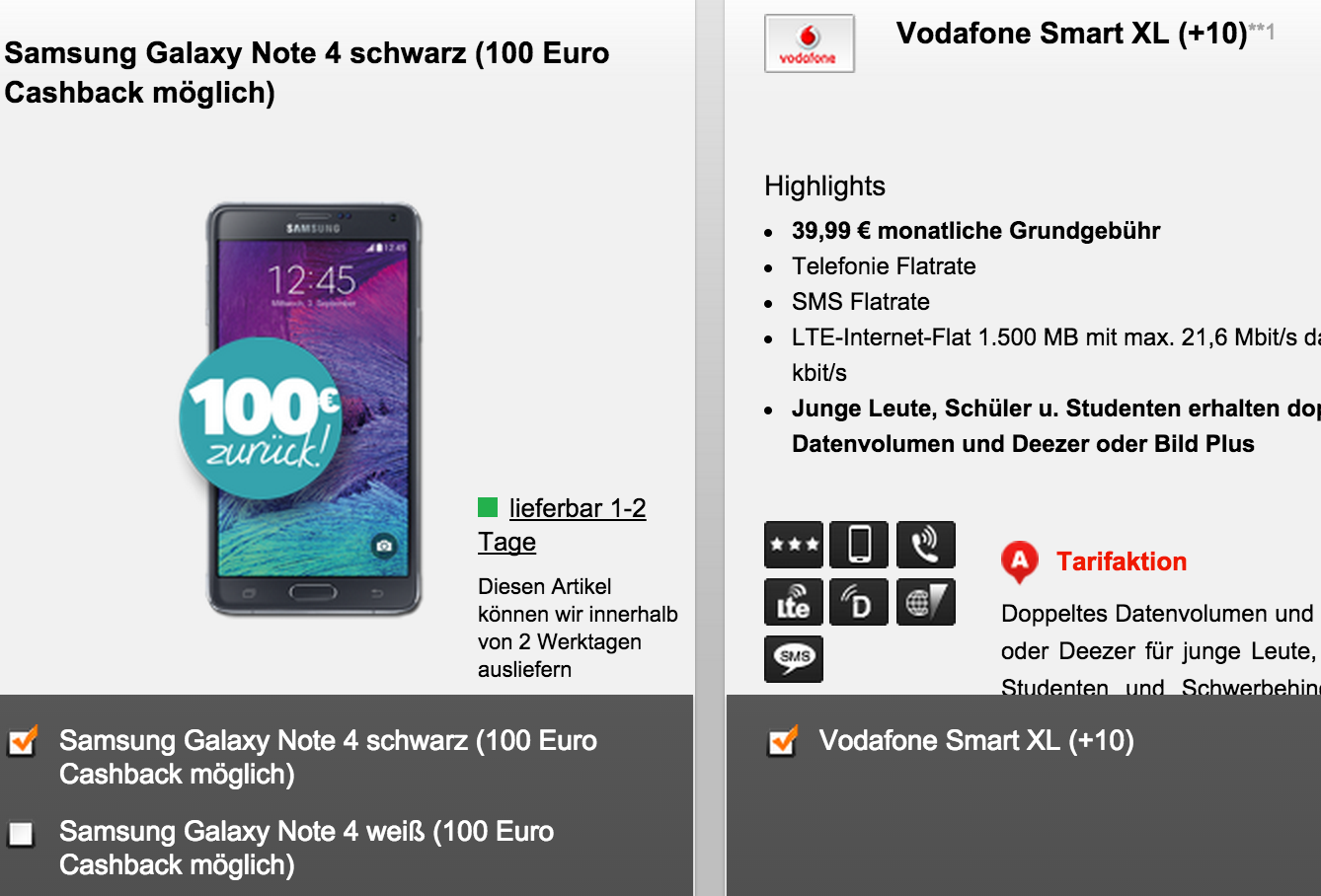 Vodafone Smart XL Tarif für nur 39,99 Euro im Monat + Galaxy Note 4 für einmalig 1,- Euro ( -100,- Euro Cashback)