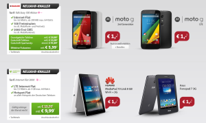 Sparhandy Live Deals: Motorola Moto G 2. Gen mit Talk Easy 100 für 5,99 Euro mtl. oder MD Internet Flat 500 mit Huawei Media Tab 10 Link 3G für mtl. 4,99 Euro!