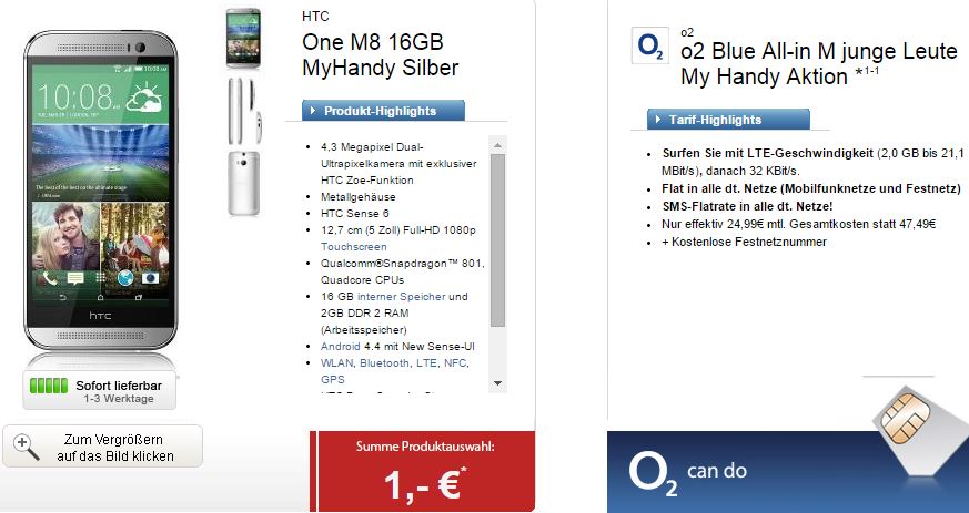 o2 Blue All-in M junge Leute My Handy Aktion Tarif mit Galaxy S5 oder HTC One M8 für nur 24,99 Euro monatlich + 1,- Euro für das Smartphone