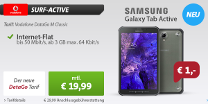 Sparhandy.de! Wasserdichtes und stroßfestes Samsung Galaxy Tab Active T365 + Vodafone DataGo M Classic 3GB Datenflat für nur 19,99 Euro monatlich!
